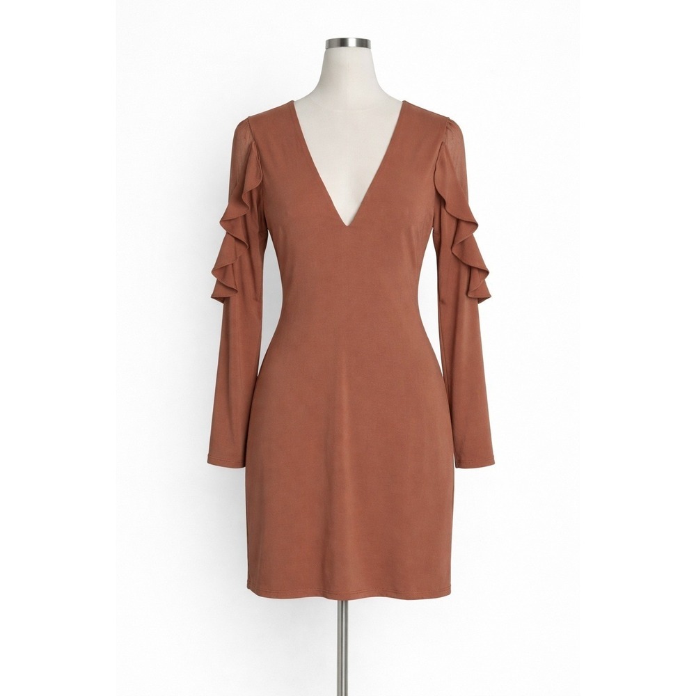 NWT Express Small Brown Ruffle Sleeve Bodycon Dress